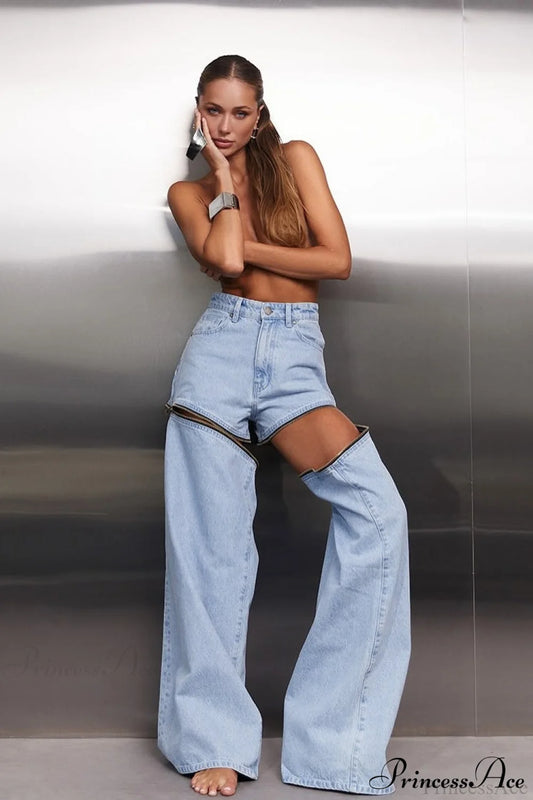 Cropped Zipper Panel Convertible Jeans Blue / S