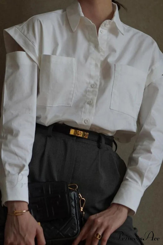 Cutout Long Tops Blouse White With Sleeves / S Blouses