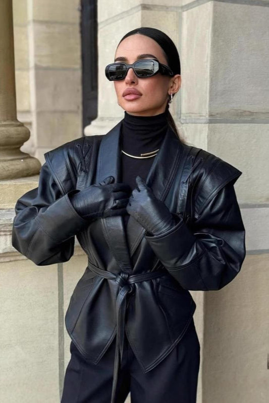 Vintage PU-Lederjacke mit Gürtel