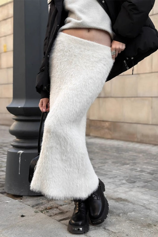 White Fuzzy Knit Maxi Skirt