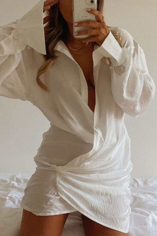 Langarmhemd, sexy, tief ausgeschnittenes Leinen-Minikleid