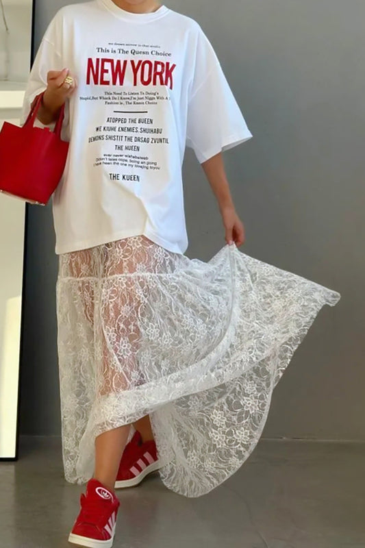 Transparenter A-Linien-Rock mit floraler Spitze und hoher Taille