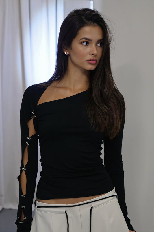 Long-Sleeve Fitted Solid Cutout Top