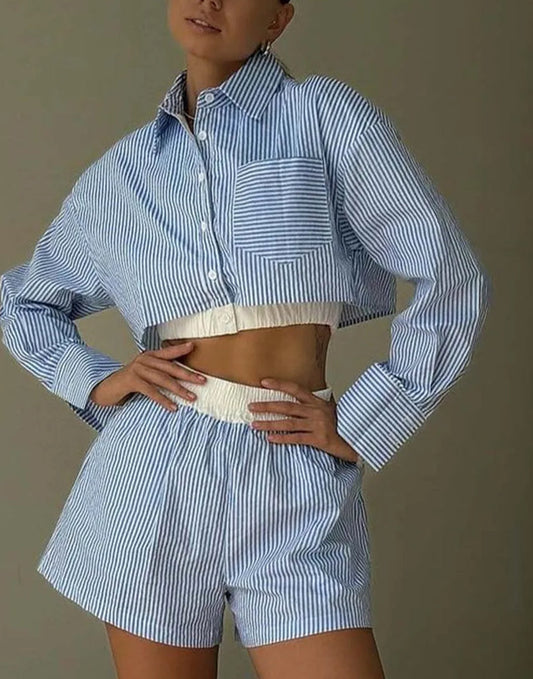 Dunkelblaues Patchwork-Plissee-Mini-Büro-Zweiteiler