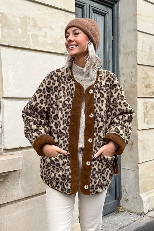 Fleecejacke mit Leopardenmuster und Sherpa-Einsätzen, Rundhalsausschnitt, warm