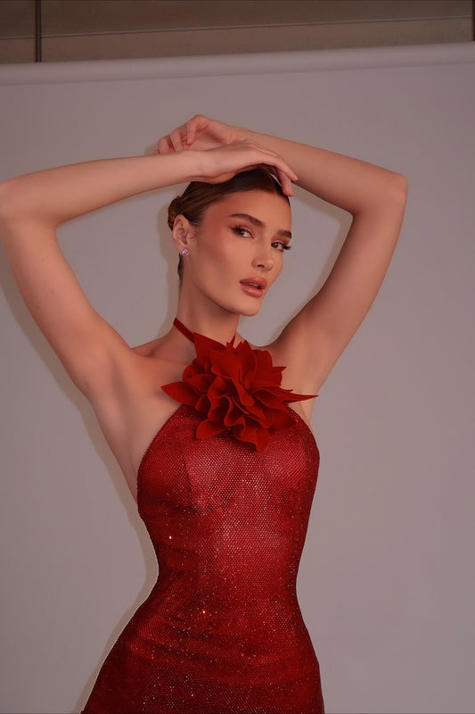 3D-Blumen-Neckholder-Partykleid mit Strasssteinen, tailliert und tailliert