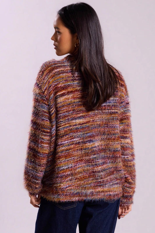 Neuer Retro-Strickcardigan mit tiefem V-Ausschnitt, Maillard-Muster, Plüschfutter und langen Ärmeln.