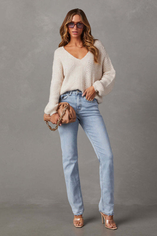 Gerade Jeans mit hoher Taille und heller Waschung
