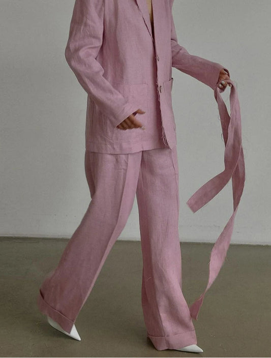 Rosafarbenes, weites Baumwoll-Zweiteiler-Set zum Schnüren fürs Büro