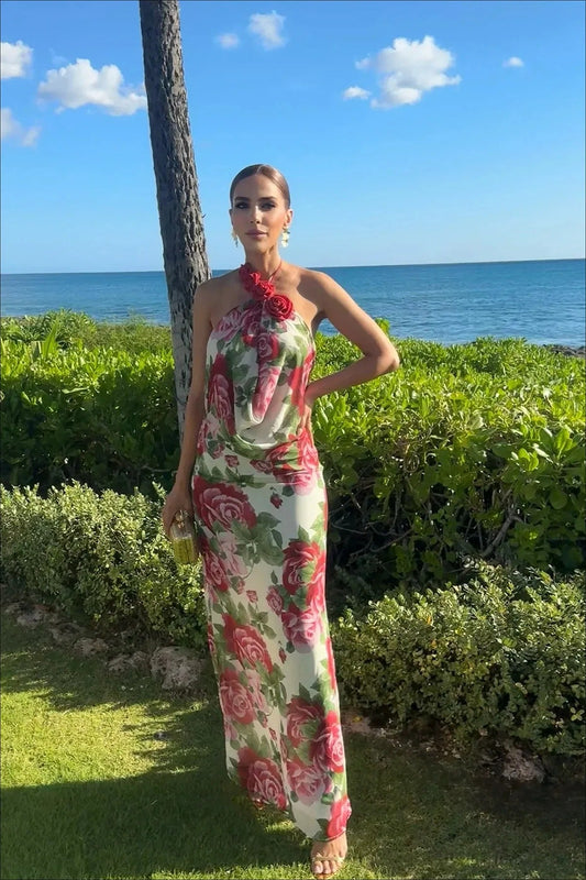 Schulterfreies Blumenkleid mit Rosen-Neckholder