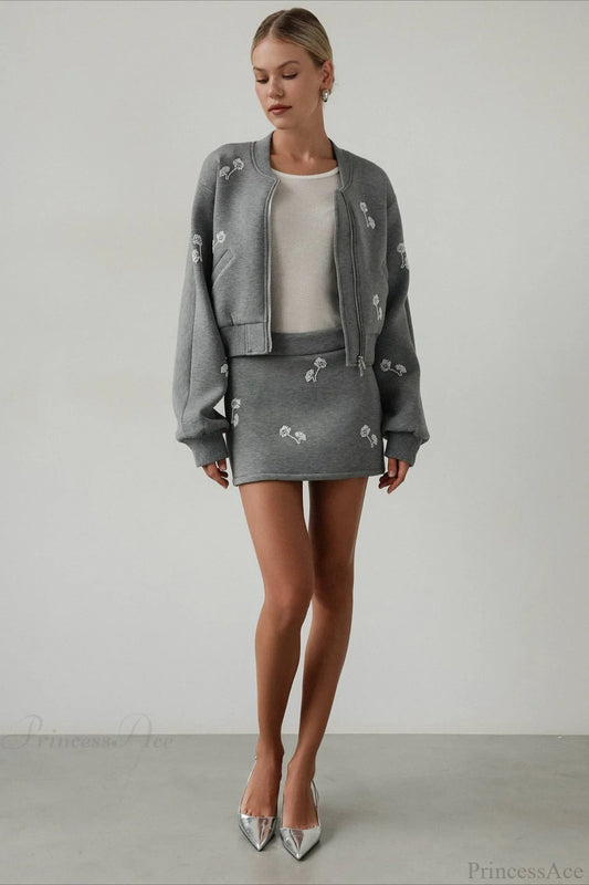 Dandelion Print Sweatshirt Loose Two Piece Set Grey / S