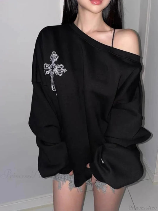 Dark Off Shoulder Pullover Hoodie Black / M
