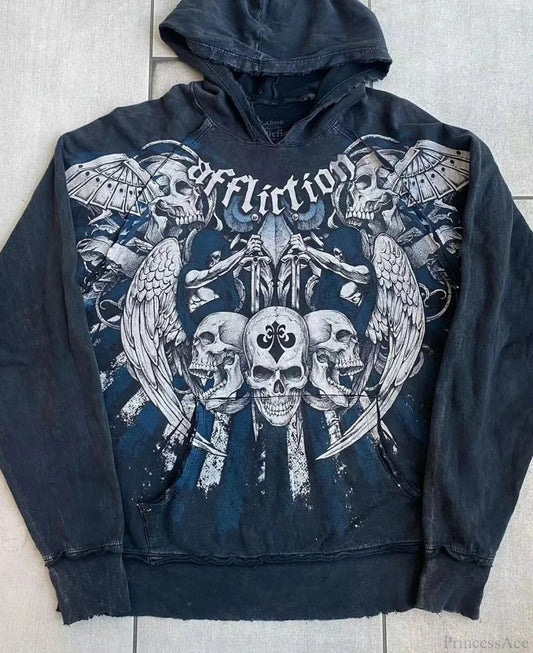 Dark Skull Print Baggy Hoodie black / S