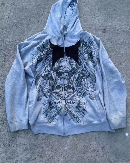Dark Skull Print Grey Zip Hoodie white / S