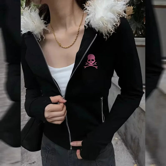 Dark Skull Print Zip Hoodie black / S