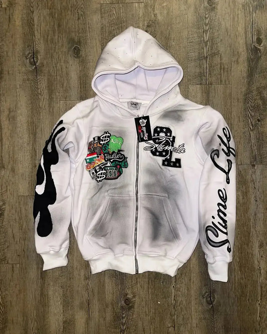 Dark Vintage Letter Fire Zip Hoodie white / S