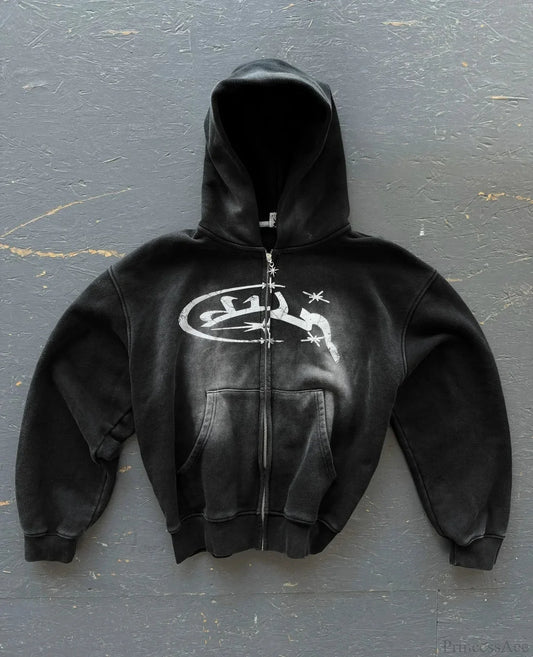 Dark Vintage Print Zip Hoodie black4 / M