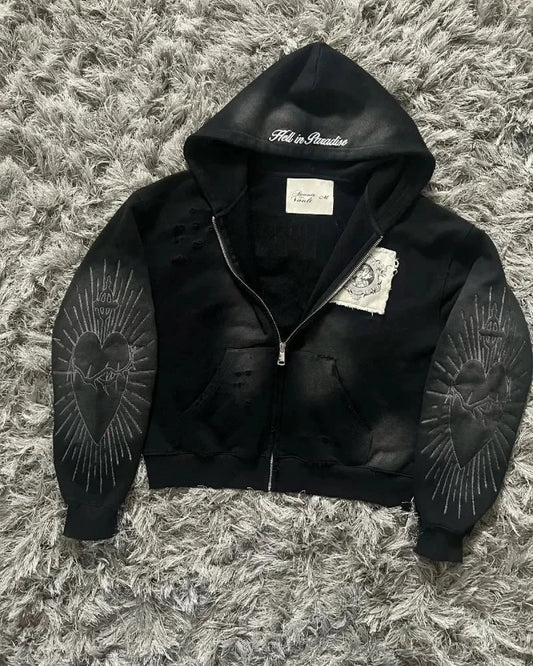 Dark Zipper Joined Vintage Hoodie black4 / M