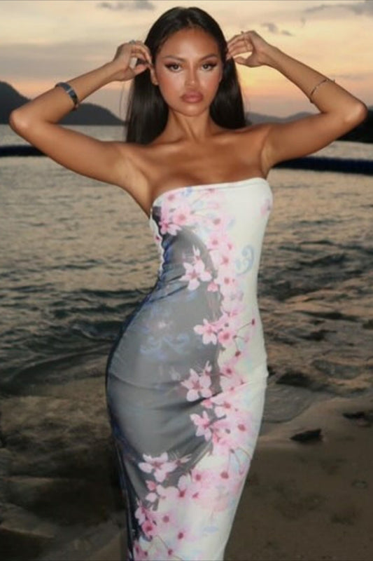 Trägerloses, tailliertes Maxikleid im Meerjungfrau-Stil mit Blumenmuster