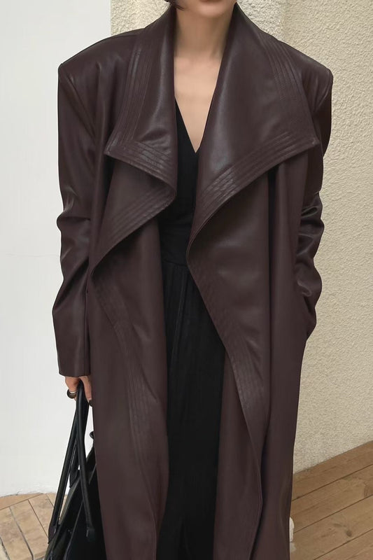Vintage Broad Lapel Waist-Tied Leather Overcoat Reddish brown / M