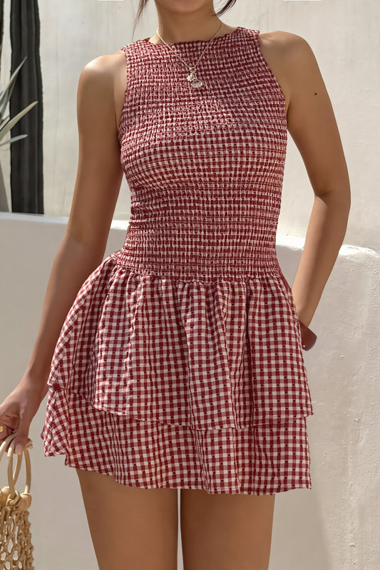Gingham Ruffle Pleated Mini Dress