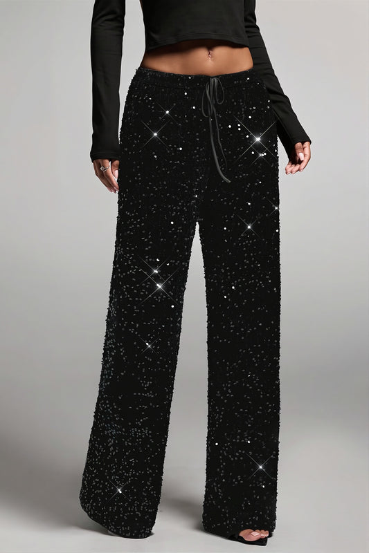 Sequin Drawstring Wide Leg Pants