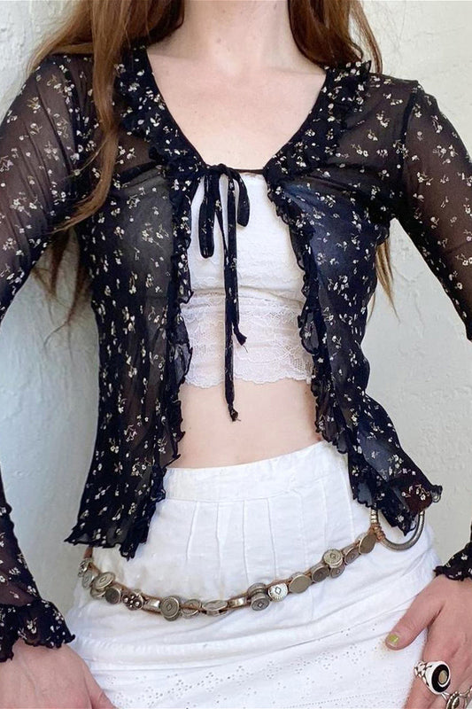 Französische Vintage-Bluse aus Tüll mit floraler Schleife und Cardigan