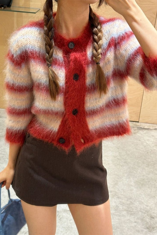 Gestreifter, kurzer Rundhals-Cardigan