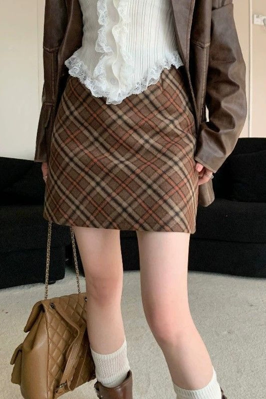 Tweed-Karo-Vintage-Rock mit hohem Bund, tailliert, kurz