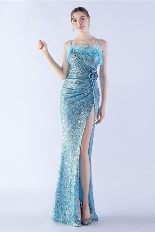 Ostrich Feather Embellished Maxi Dress