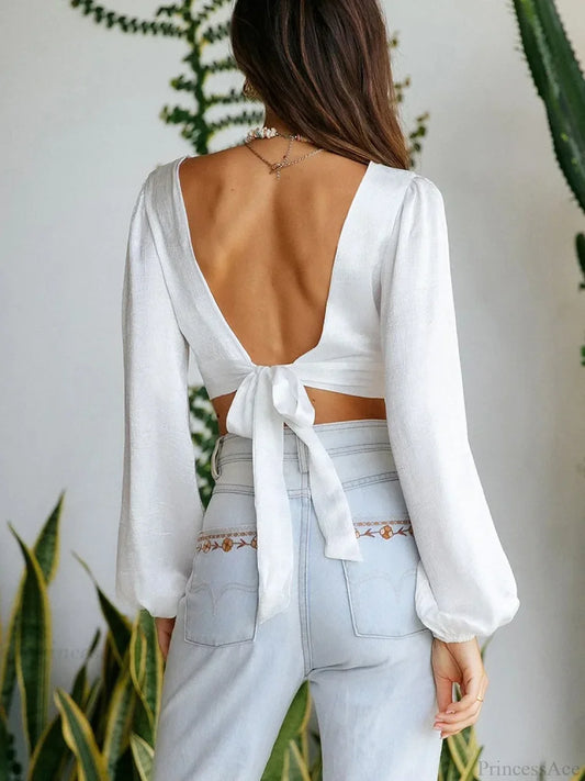 Deep V Cut Out Back Tie Backless Puff Sleeve White Blouse croptop-250126