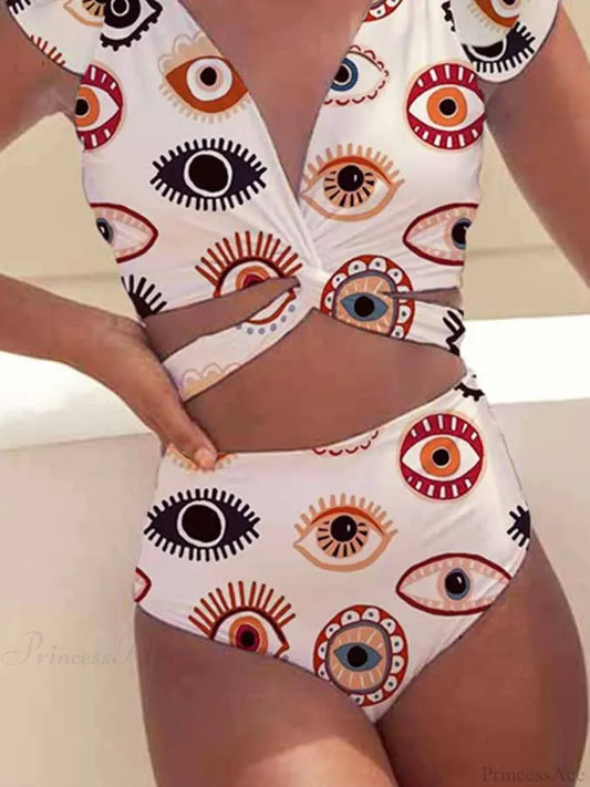 Deep V Eyes Print Chest Strap One Piece onepiece-250223