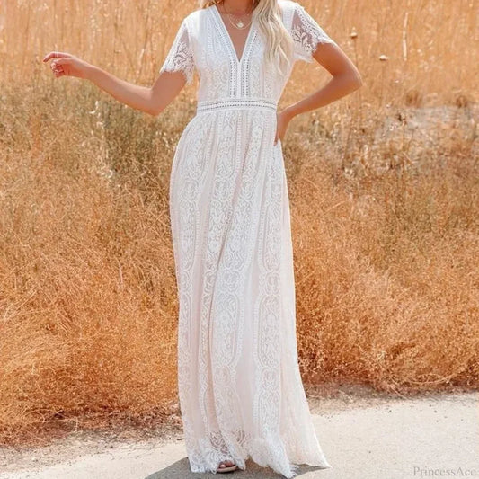 Deep V-neck Lace Hollow Out Vintage White Boho Dress bohodress-250126