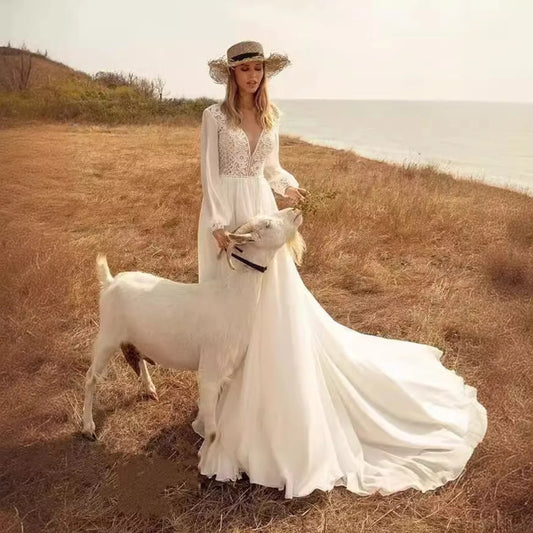 Deep V-Neck Long Sleeve Bridal Wedding Dress White / 2 weddingdress-250223