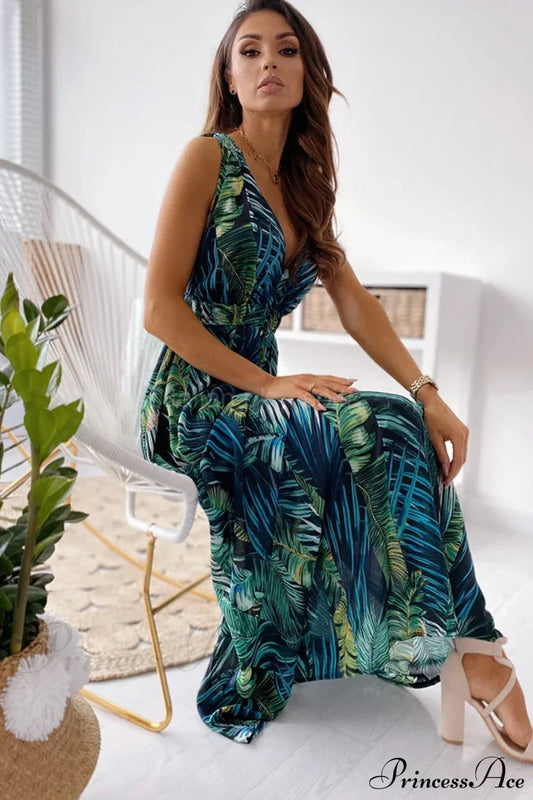 Deep V Neck Print Sleeveless Boho Dress