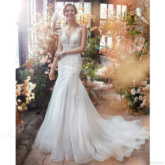 Deep V-Neck Satin Mermaid Wedding Dress lvory white / 2 weddingdress-250223