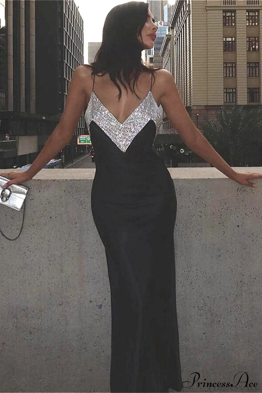 Deep V Rhinestone Collar Bandage Spaghetti Strap Maxi Party Dress Black / XS
