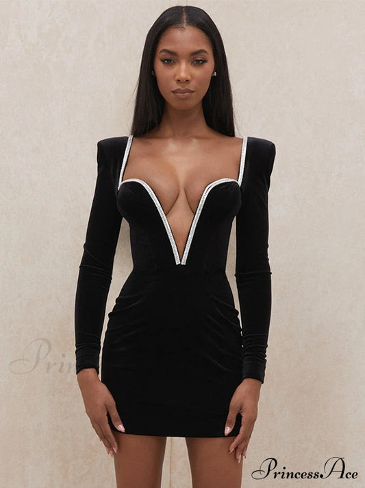 Deep Winter Neck V Gown With Diamante Crystal And Velvet Party Detail