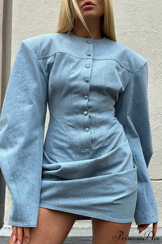 Denim Padded Shoulder Crew Neck Tie Waist Mini Dress