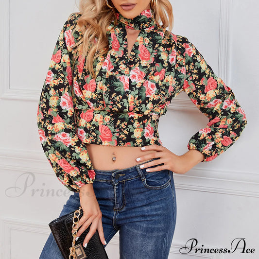Design Waist Flowered Smocked Blouse Floral / S