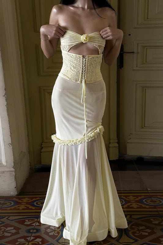 Solid Floral Patchwork Boned Tie Ruched Elegant Maxi Dress