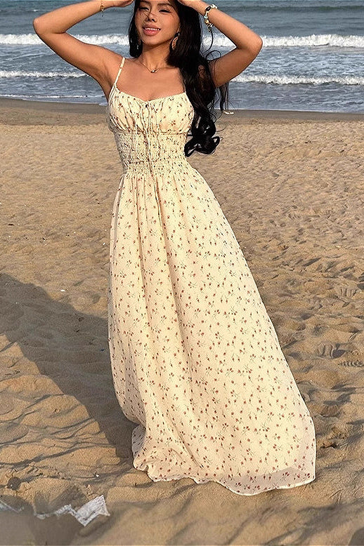 Sexy gerafftes Maxikleid mit V-Ausschnitt, hoher Taille und A-Linien-Design, geblümt