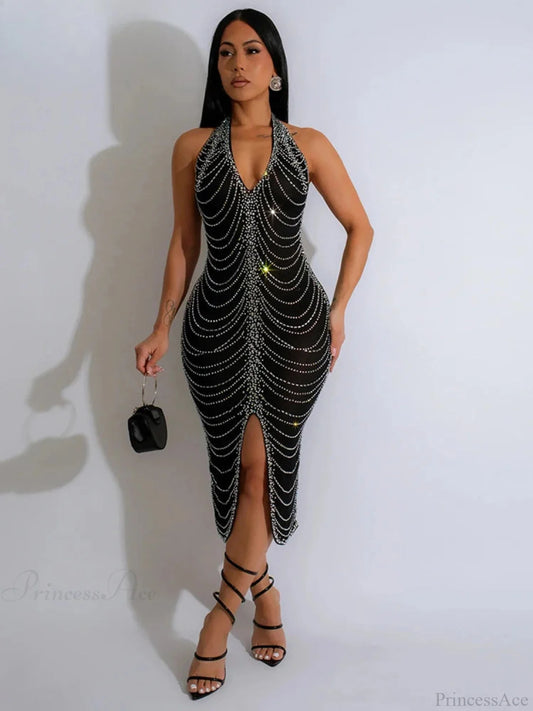 Diamond Halter Midi Party Dress Black Dress / S Partydress-241208