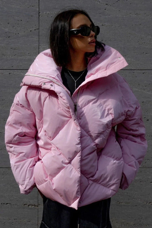 Diamond Quilted Matte Shiny Oversized Wide Lapel Coat Pink / S