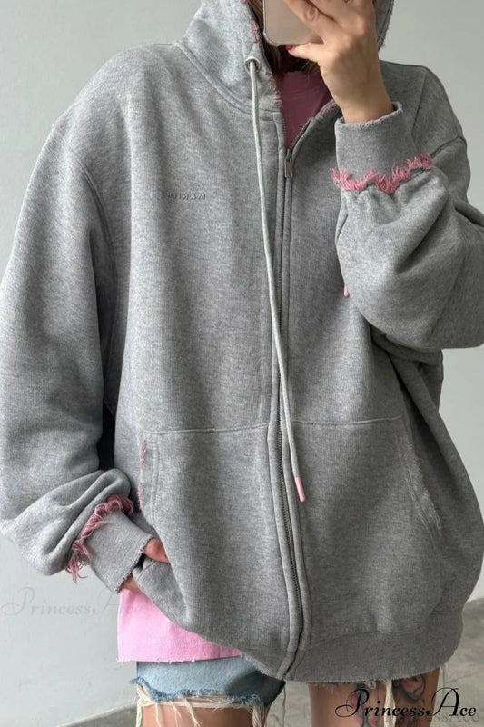 Distressed Pink Zip Loose Hoodie Grey / S