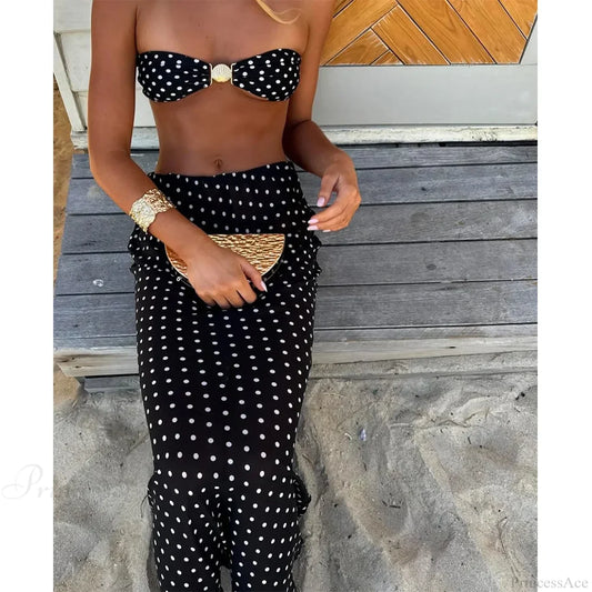 Dot Bandeau Skirt Three Piece Swimsuit