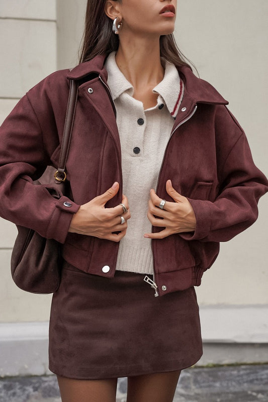 Brown Faux Suede Collared Jacket