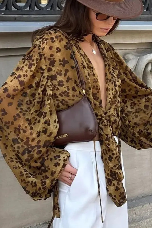 Y2K Bluse mit Leopardenmuster vorne zum Binden