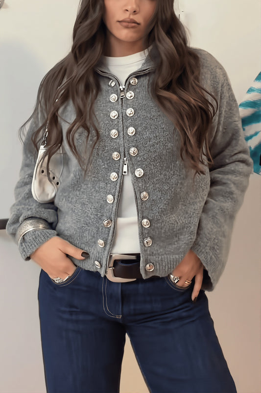 Grommet Button Funnel Neck Cardigan