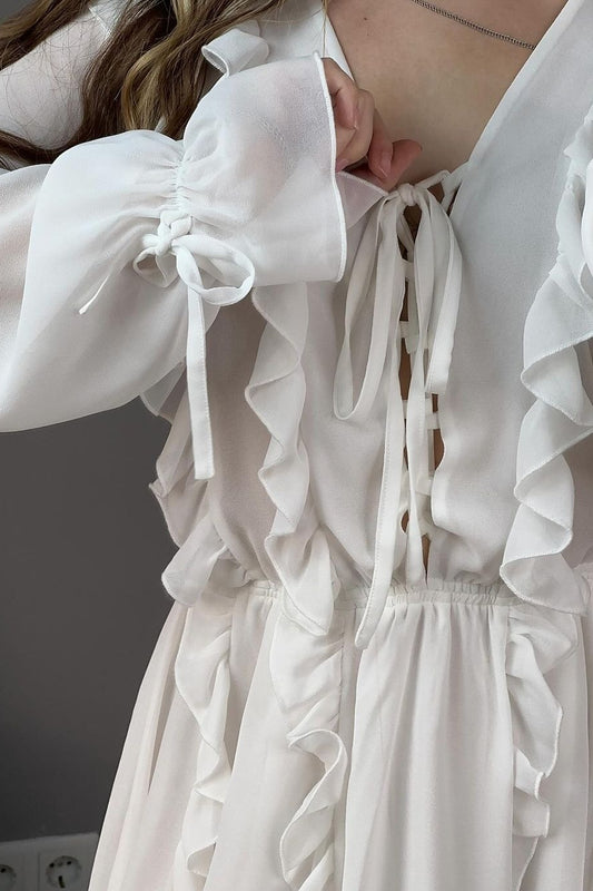 Chiffon-Rüschen-Langarm-Boho-Kleid